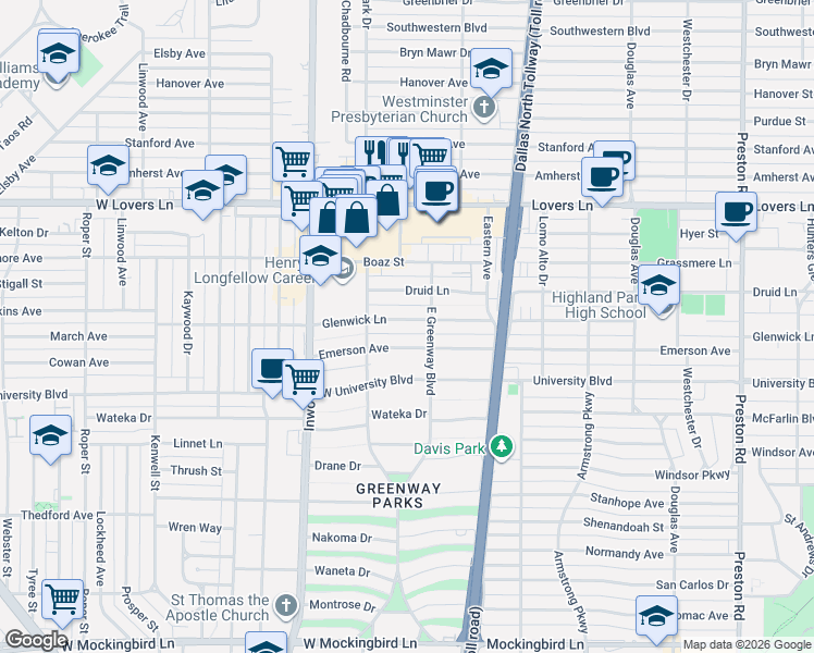 map of restaurants, bars, coffee shops, grocery stores, and more near 5436 Glenwick Lane in Dallas