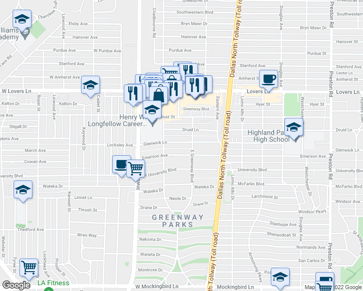map of restaurants, bars, coffee shops, grocery stores, and more near 5436 Glenwick Ln in Dallas