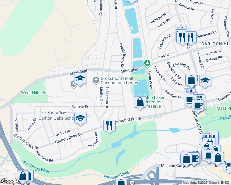 map of restaurants, bars, coffee shops, grocery stores, and more near 8822 Cherry Hills Road in Santee