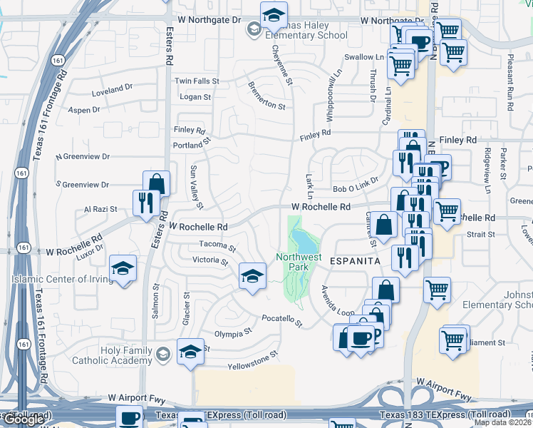 map of restaurants, bars, coffee shops, grocery stores, and more near 3814 West Rochelle Road in Irving