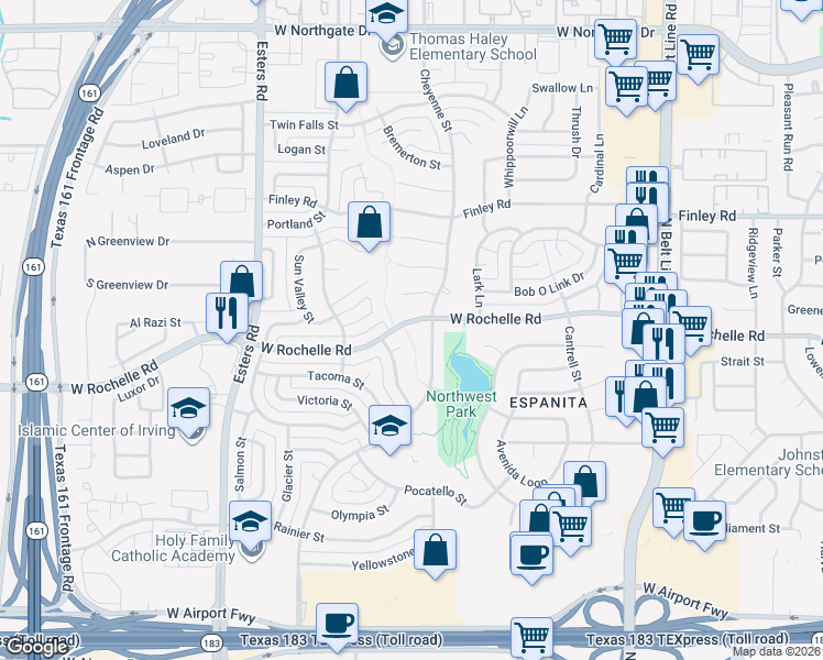 map of restaurants, bars, coffee shops, grocery stores, and more near 3814 West Rochelle Road in Irving