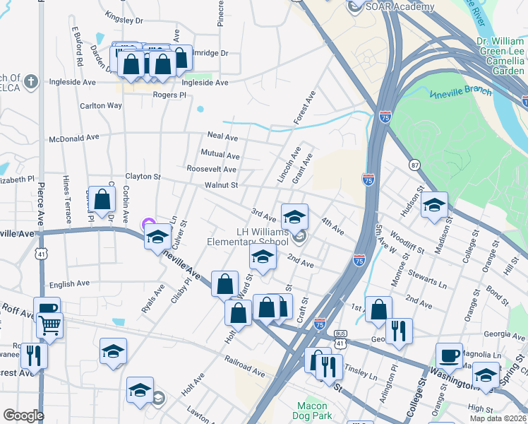 map of restaurants, bars, coffee shops, grocery stores, and more near 2015 3rd Avenue in Macon