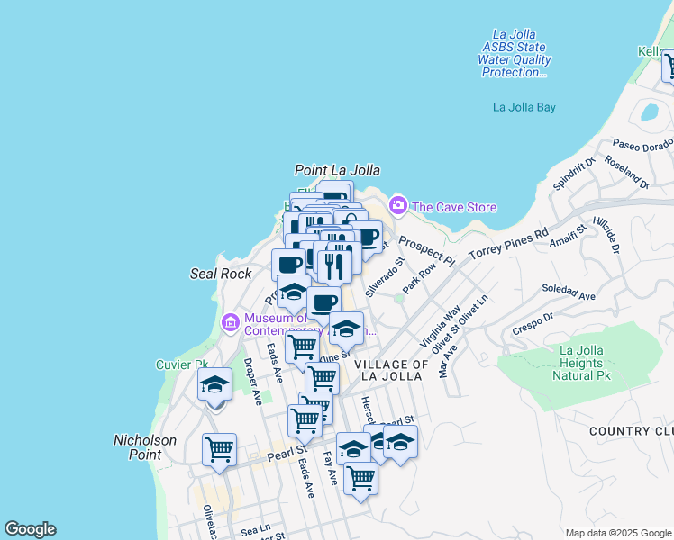 map of restaurants, bars, coffee shops, grocery stores, and more near 1102 Wall Street in San Diego