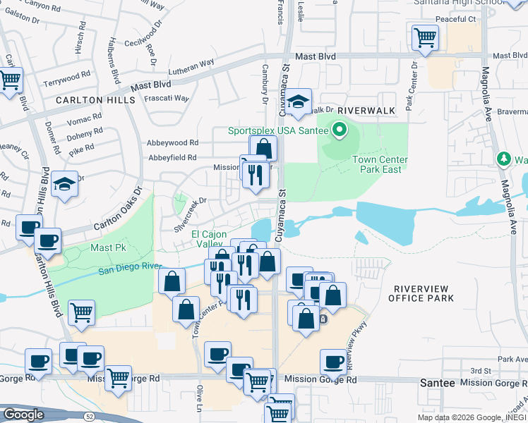 map of restaurants, bars, coffee shops, grocery stores, and more near 203 River Park Drive in Santee