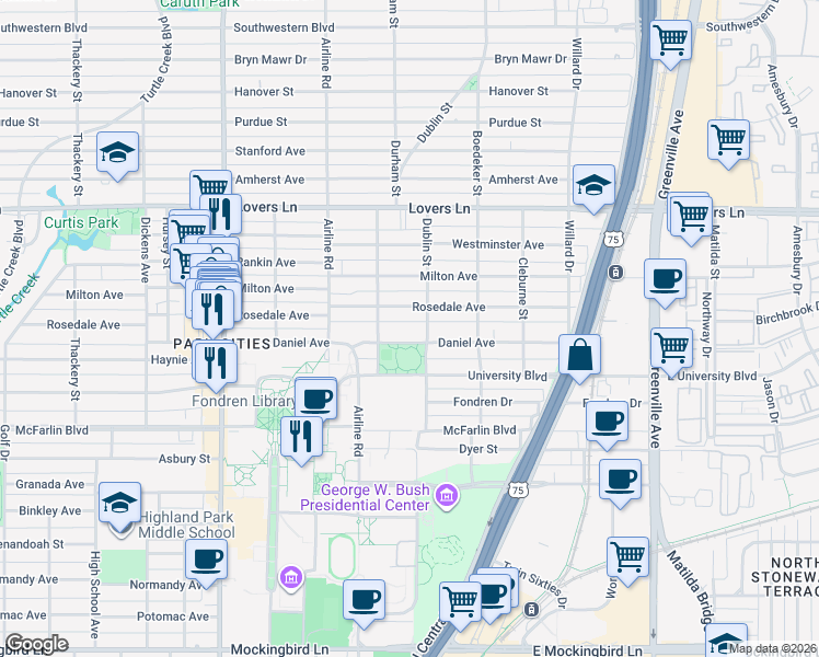 map of restaurants, bars, coffee shops, grocery stores, and more near 3014 Daniel Avenue in Dallas