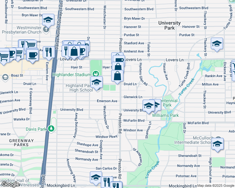 map of restaurants, bars, coffee shops, grocery stores, and more near 4044 Glenwick Lane in Dallas