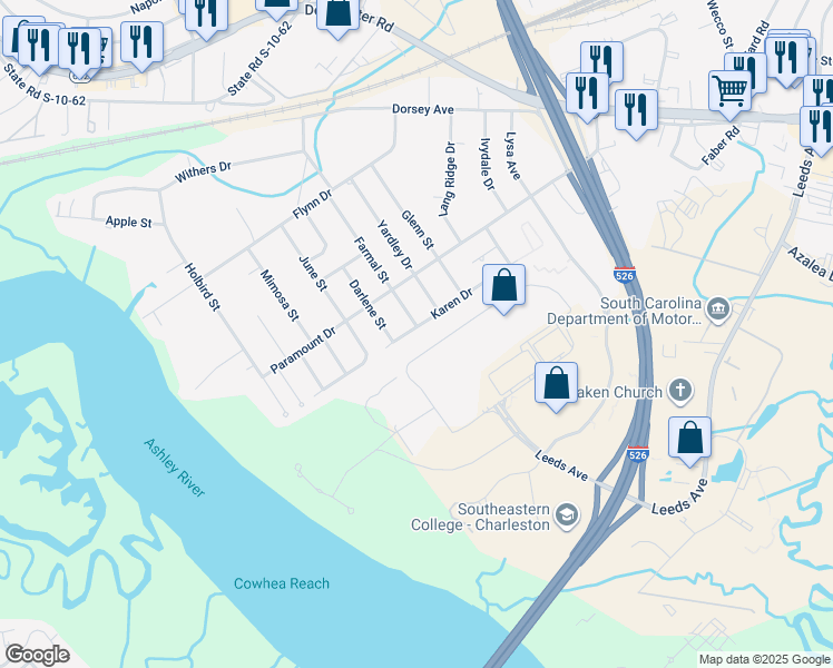 map of restaurants, bars, coffee shops, grocery stores, and more near 4317 Karen Drive in North Charleston