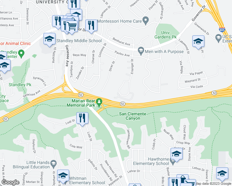 map of restaurants, bars, coffee shops, grocery stores, and more near 5758 Ferber Street in San Diego