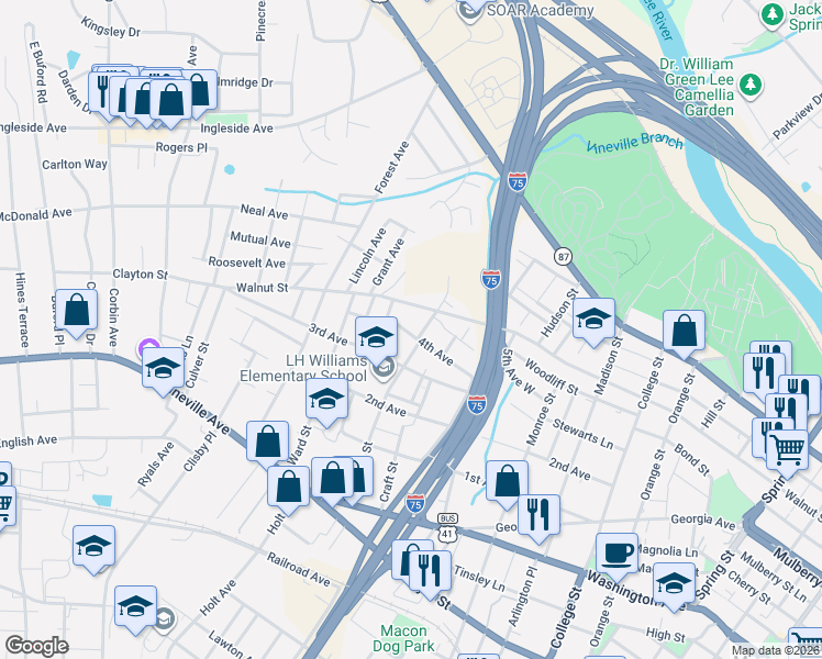 map of restaurants, bars, coffee shops, grocery stores, and more near 1925 4th Avenue in Macon