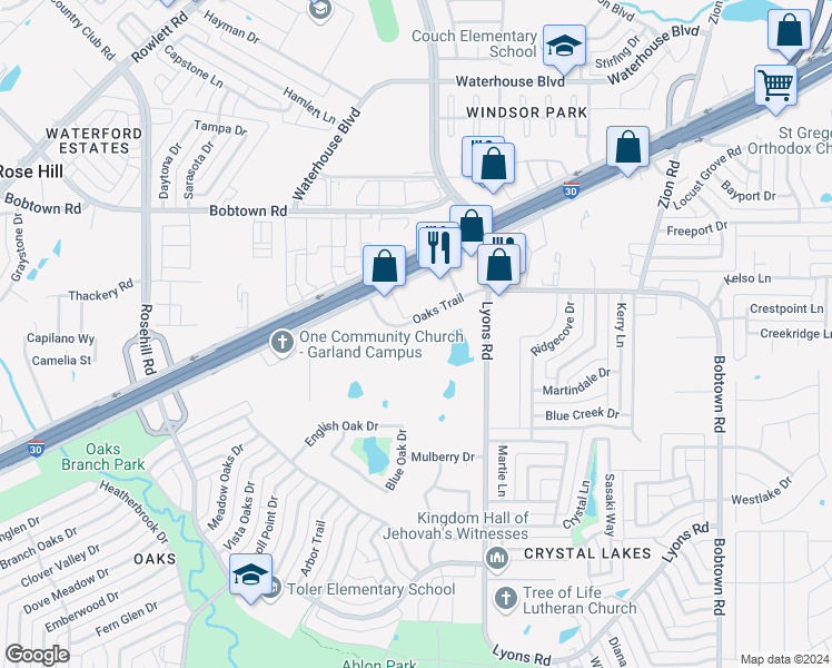 map of restaurants, bars, coffee shops, grocery stores, and more near 362 Oaks Trail in Garland