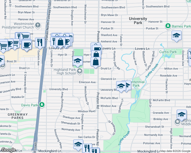 map of restaurants, bars, coffee shops, grocery stores, and more near 4044 Glenwick Lane in Dallas