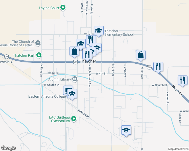 map of restaurants, bars, coffee shops, grocery stores, and more near 859 N Barbs Pl in Thatcher