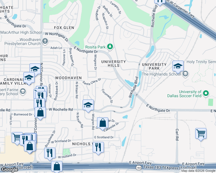 map of restaurants, bars, coffee shops, grocery stores, and more near 3213 Salinas Court in Irving