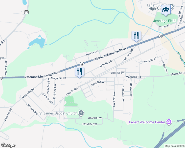 map of restaurants, bars, coffee shops, grocery stores, and more near 19th Avenue in Lanett