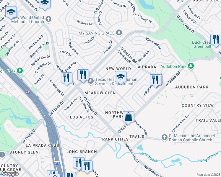 map of restaurants, bars, coffee shops, grocery stores, and more near 5617 Valley Mills Drive in Garland
