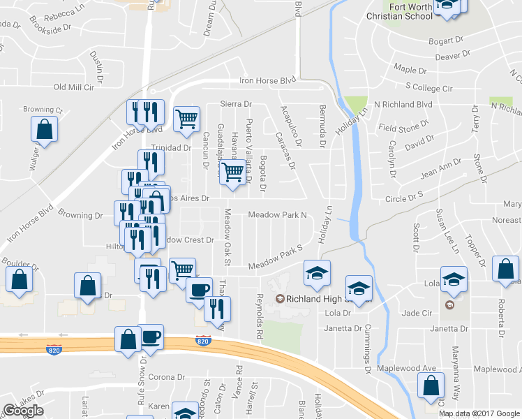 map of restaurants, bars, coffee shops, grocery stores, and more near 7001 Meadow Park North in Fort Worth