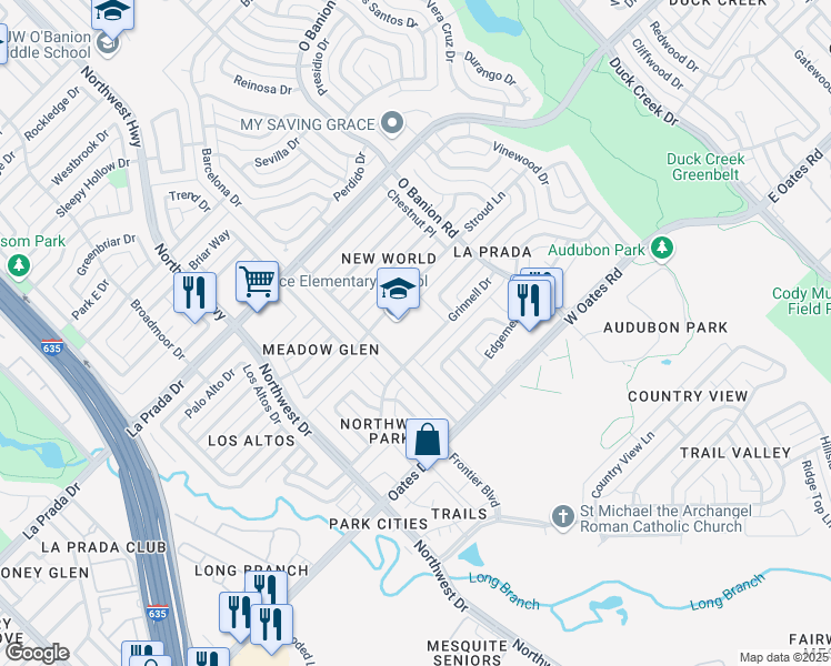 map of restaurants, bars, coffee shops, grocery stores, and more near 630 Stroud Lane in Mesquite