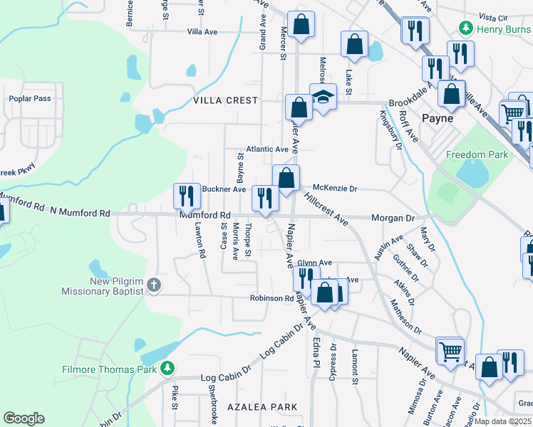 map of restaurants, bars, coffee shops, grocery stores, and more near 3809 Mumford Road in Macon