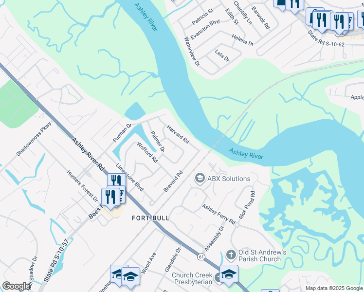 map of restaurants, bars, coffee shops, grocery stores, and more near 2380 Erskine Avenue in Charleston