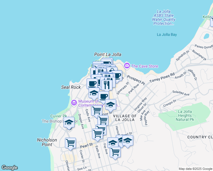 map of restaurants, bars, coffee shops, grocery stores, and more near 1102 Wall Street in San Diego