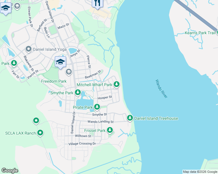 map of restaurants, bars, coffee shops, grocery stores, and more near 1735 Sandy Soil Lane in Charleston
