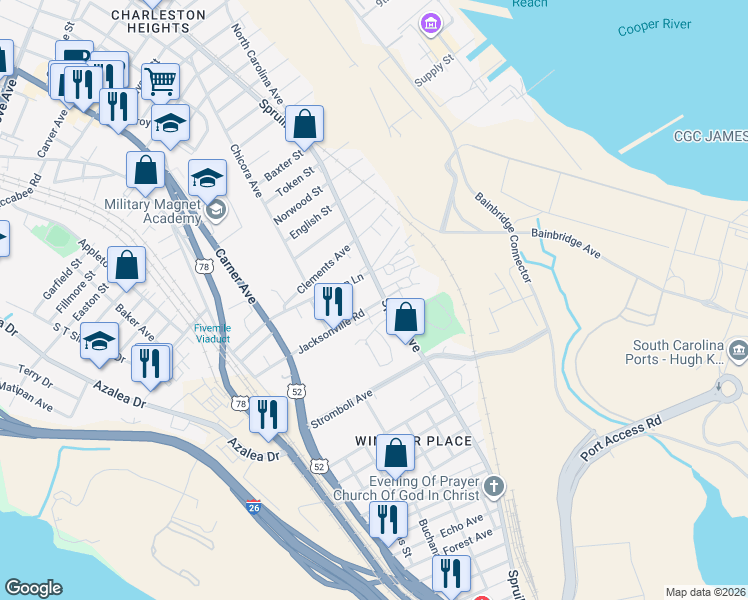 map of restaurants, bars, coffee shops, grocery stores, and more near 1920 Jacksonville Road in North Charleston