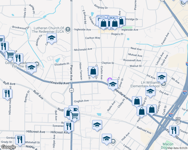 map of restaurants, bars, coffee shops, grocery stores, and more near 119 Calloway Drive in Macon