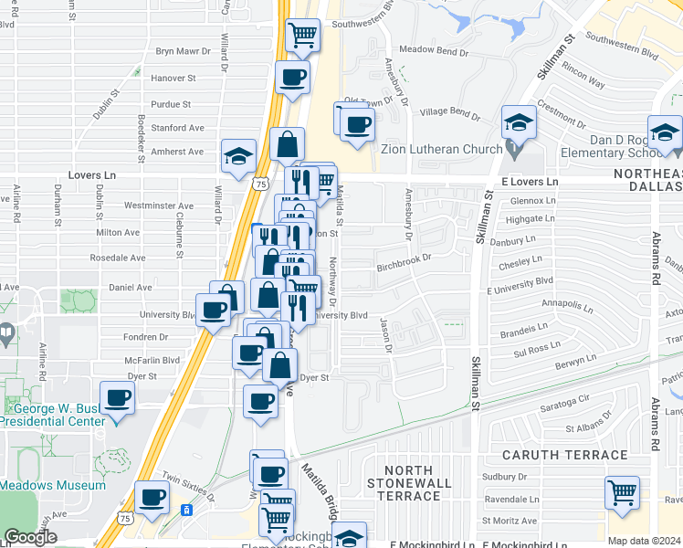 map of restaurants, bars, coffee shops, grocery stores, and more near 16A Northway Drive in Dallas