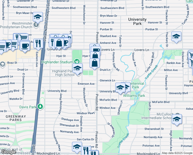map of restaurants, bars, coffee shops, grocery stores, and more near 4044 Glenwick Lane in Dallas