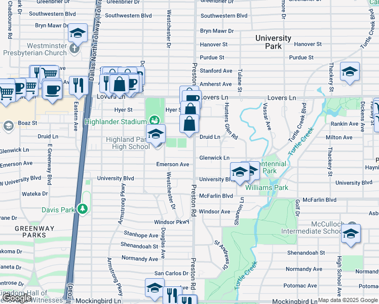 map of restaurants, bars, coffee shops, grocery stores, and more near 4044 Glenwick Lane in Dallas