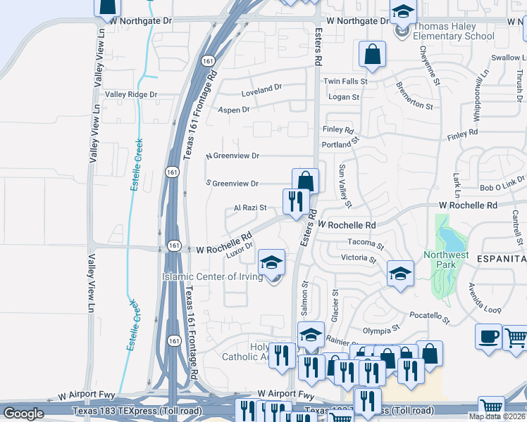 map of restaurants, bars, coffee shops, grocery stores, and more near 14 Al Razi Street in Irving