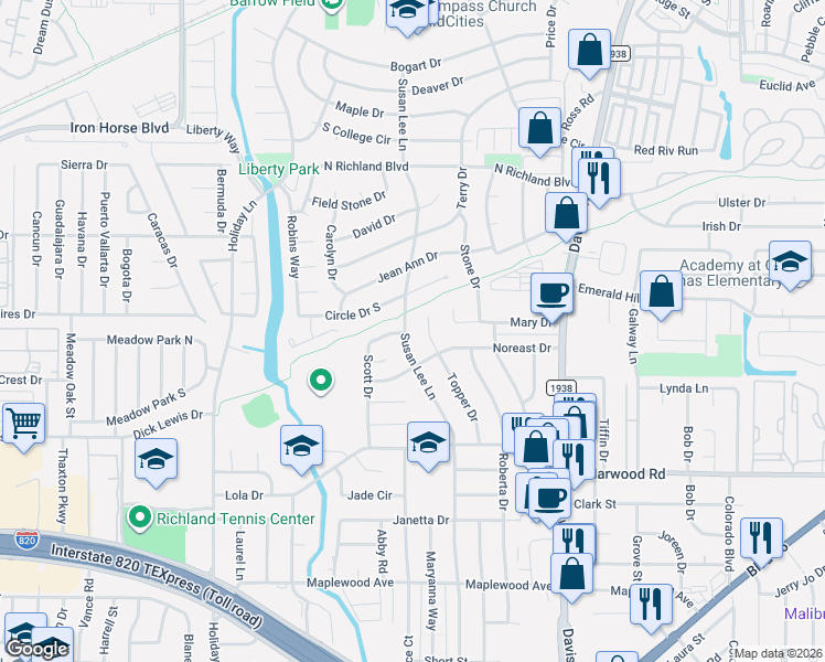 map of restaurants, bars, coffee shops, grocery stores, and more near 5509 Topper Court in Fort Worth