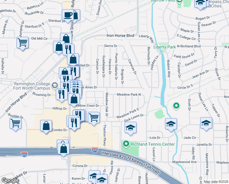 map of restaurants, bars, coffee shops, grocery stores, and more near 6905 Meadow Park North in Fort Worth