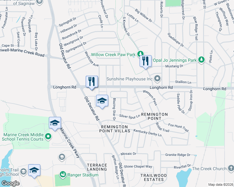 map of restaurants, bars, coffee shops, grocery stores, and more near 1080 Appaloosa Circle in Fort Worth