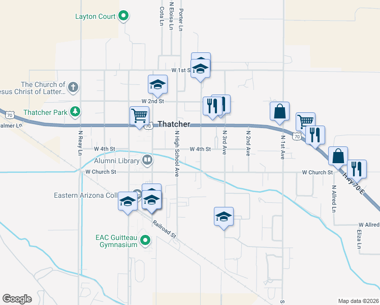 map of restaurants, bars, coffee shops, grocery stores, and more near 859 N Barbs Pl in Thatcher