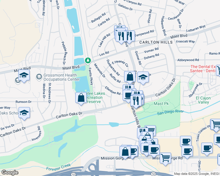 map of restaurants, bars, coffee shops, grocery stores, and more near 9224 Ellenbee Road in Santee