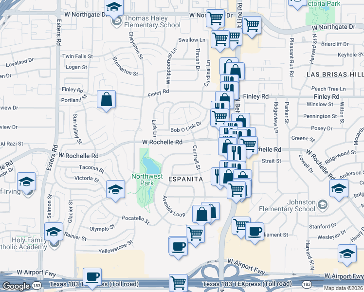 map of restaurants, bars, coffee shops, grocery stores, and more near 2821 Lago Vista Loop in Irving