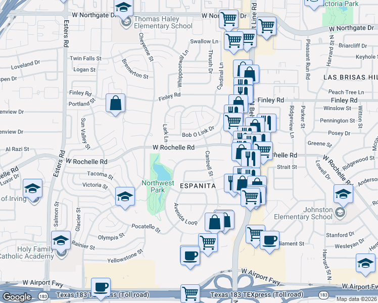 map of restaurants, bars, coffee shops, grocery stores, and more near 2821 Lago Vista Loop in Irving