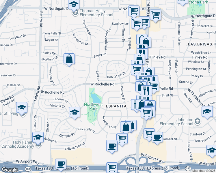 map of restaurants, bars, coffee shops, grocery stores, and more near 2821 Lago Vista Loop in Irving