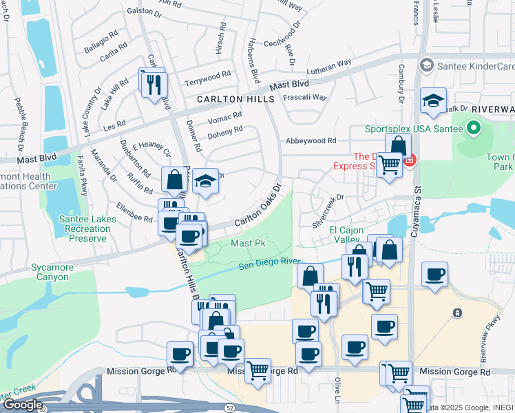 map of restaurants, bars, coffee shops, grocery stores, and more near 9420 Carlton Oaks Drive in Santee