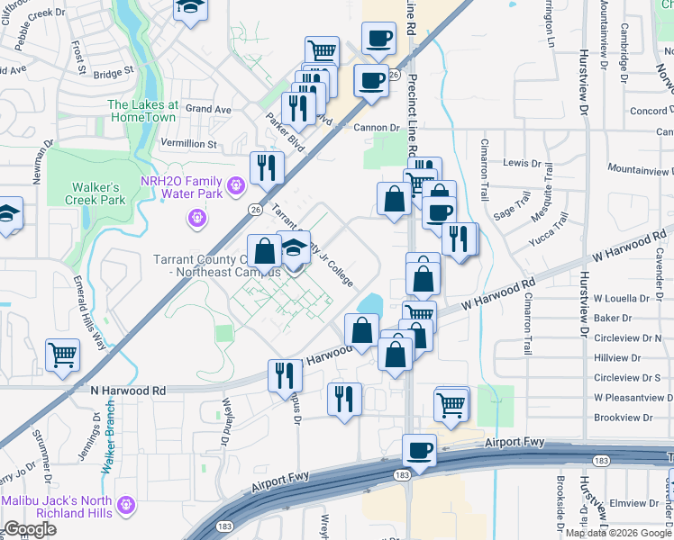 map of restaurants, bars, coffee shops, grocery stores, and more near Tarrant County Junior College in Hurst