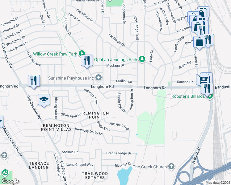 map of restaurants, bars, coffee shops, grocery stores, and more near 609 Stirrup Bar Drive in Fort Worth