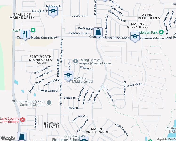 map of restaurants, bars, coffee shops, grocery stores, and more near 6017 Walleye Drive in Fort Worth