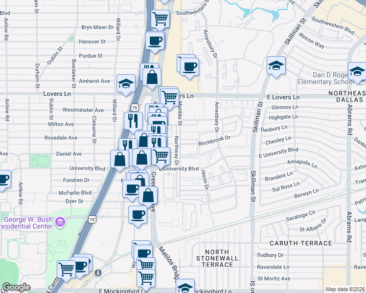 map of restaurants, bars, coffee shops, grocery stores, and more near 5816 Birchbrook Drive in Dallas