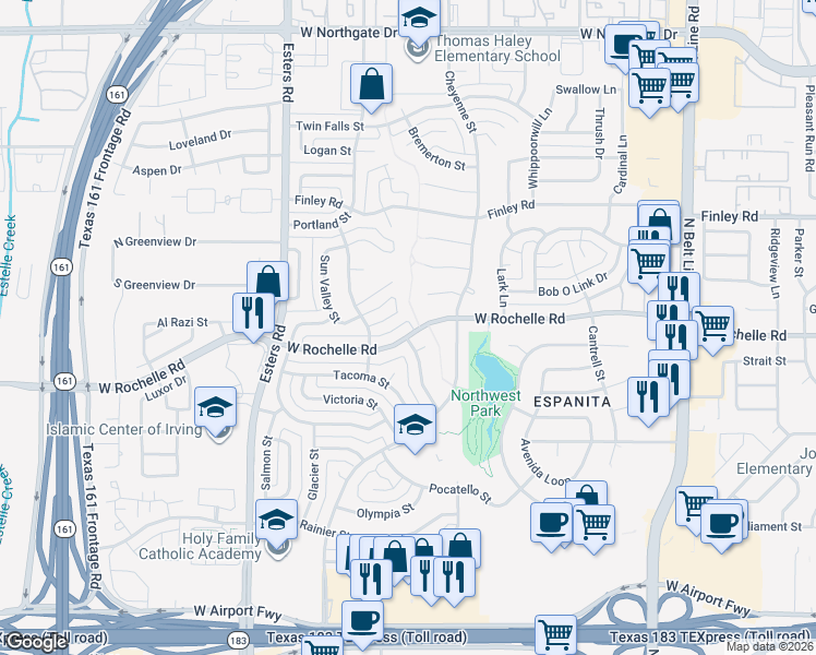 map of restaurants, bars, coffee shops, grocery stores, and more near 3909 West Rochelle Road in Irving