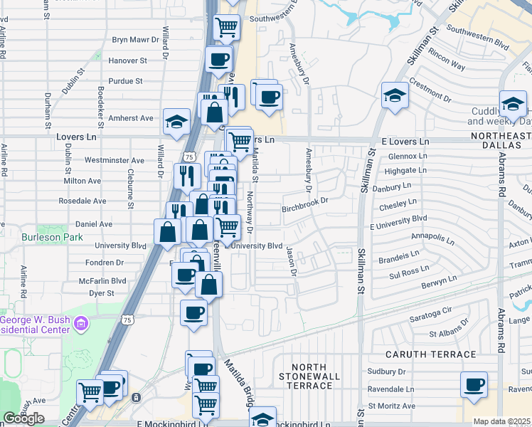 map of restaurants, bars, coffee shops, grocery stores, and more near 5836 Birchbrook Drive in Dallas