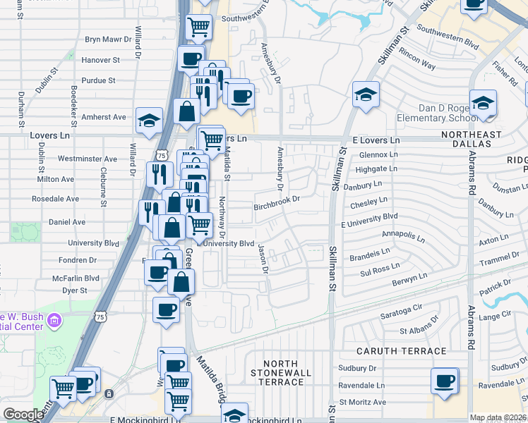 map of restaurants, bars, coffee shops, grocery stores, and more near 5916 Birchbrook Drive in Dallas