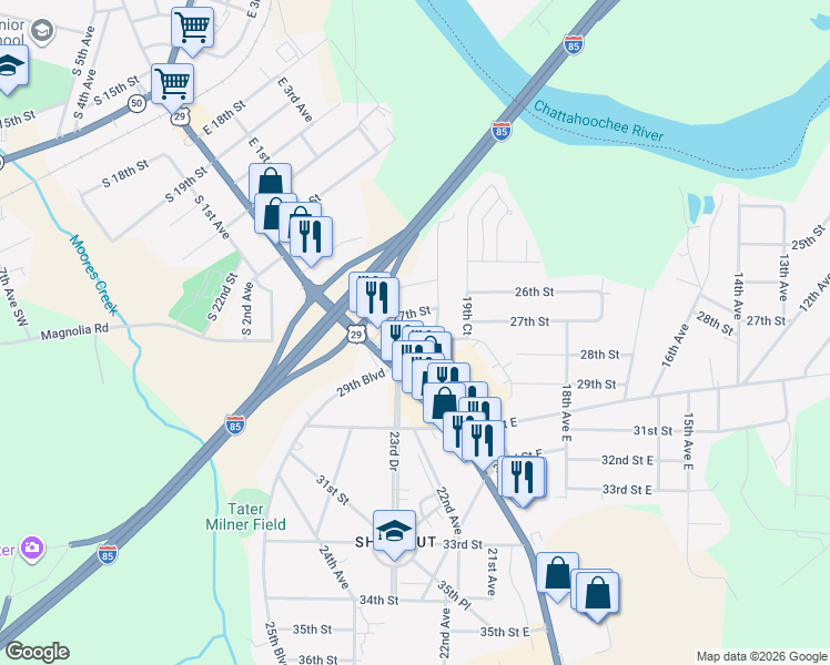 map of restaurants, bars, coffee shops, grocery stores, and more near 1903 19th Avenue in Valley