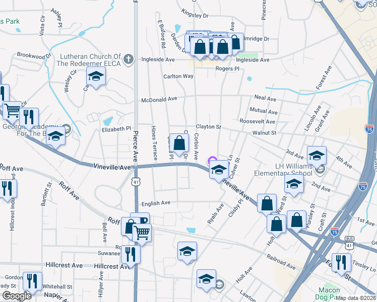 map of restaurants, bars, coffee shops, grocery stores, and more near 119 Calloway Drive in Macon