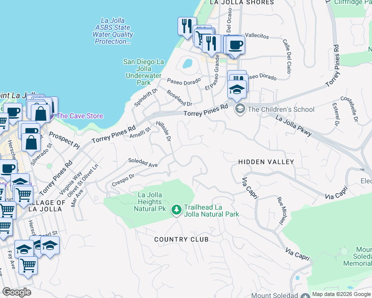 map of restaurants, bars, coffee shops, grocery stores, and more near 2005 Soledad Avenue in San Diego
